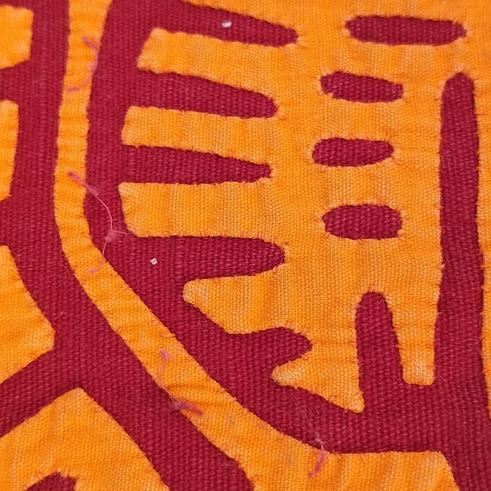 Escher Like Mola Orange & Red Abstract and Vibrant Hand Crafted Textile 15x19 - Picture 6 of 9